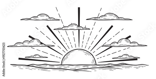 Stylized monochrome drawing depicting a radiant sunrise or sunset over a wavy ocean with distinct clouds in the sky, ideal for print media and branding applications.