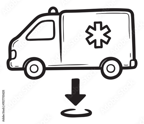 Ambulance icon with a downward arrow indicating location or arrival point, suitable for medical emergency services, healthcare applications, or navigation maps.