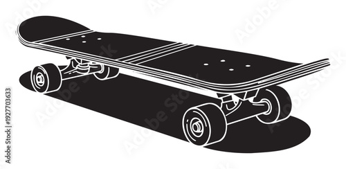 Dynamic black and white graphic of a skateboard in an active perspective, perfect for sports apparel branding, active lifestyle marketing, or urban culture promotion materials.