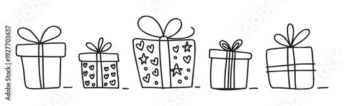Hand drawn outline gift boxes in doodle style with bows and simple decorations perfect for holiday greetings, celebration invitations, or special occasion graphics.