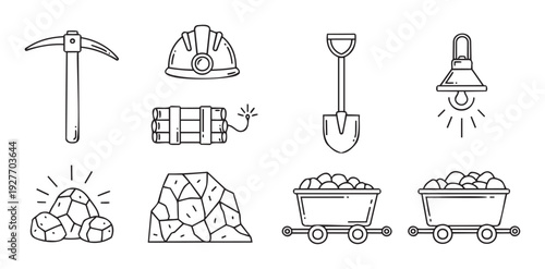 Comprehensive collection of essential mining tools equipment and mineral resources depicted as outline icons ideal for educational content industrial presentations and application graphics