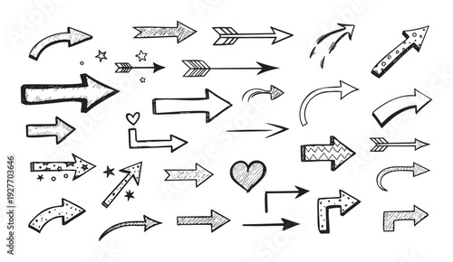 Hand drawn doodle arrows collection offering diverse visual cues for navigation emphasis and instructional guidance perfect for graphic projects user interfaces or presentation slides