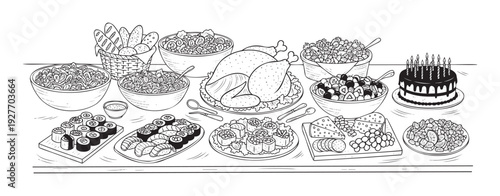 A comprehensive festive banquet table filled with a diverse array of delicious dishes and desserts, perfect for holiday celebrations, party planning, and culinary presentations