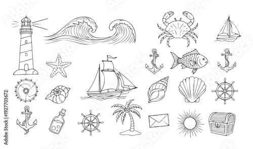 Outline collection of marine and beach vacation elements featuring lighthouse, ships, anchors, sea shells, ocean creatures, sun, and tropical symbols for summer projects