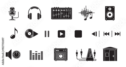 A comprehensive collection of black and white icons representing music production equipment and audio playback controls perfect for digital interfaces applications and educational materials