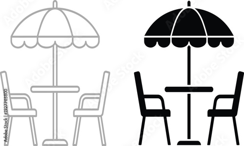 Café table with umbrella set vector illustration, outline and black silhouette patio chairs parasol for summer outdoor café restaurant and relaxation designs