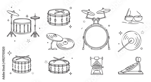 Outline collection of percussive instruments and drum set components for music education materials band event posters or graphic design projects
