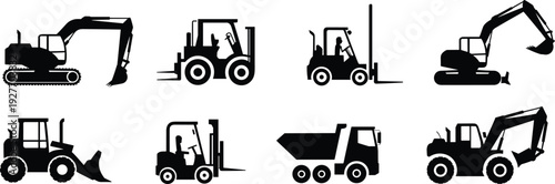 Collection of heavy machinery silhouettes including excavators, forklifts, dump trucks, and bulldozers for industrial construction equipment and building site icons.