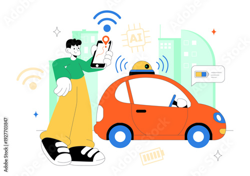 Self Driving Car Technology Vector Illustration Featuring Smart Autonomous Vehicle System And Digital Navigation In a Flat Style Background