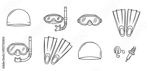 Essential swimming and diving equipment displayed in a simple line drawing, perfect for sports education materials, aquatic club promotions, or summer activity guides.