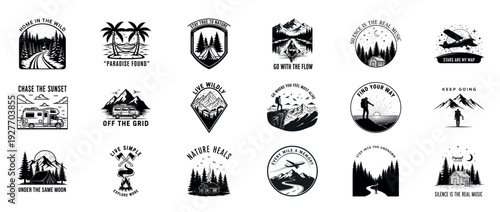 Adventure-themed badge collection with nature and travel imagery