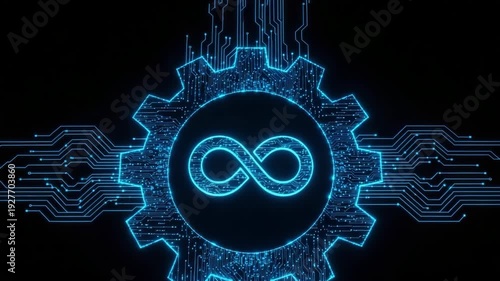 Glowing Digital Gear With Infinity Symbol Depicting Continuous Software Development In The Cyber Universe Set On Dark Background Code Automation Applicable To Technology It Design