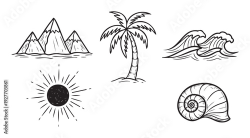 Collection of hand drawn nature icons with mountains, a palm tree, ocean waves, sun, and seashell, perfect for summer travel and outdoor adventure themed graphics and branding applications.