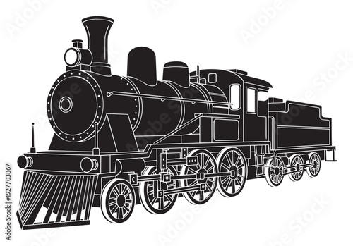 Stylized black and white silhouette of a traditional steam train featuring prominent wheels and a smokestack ideal for industrial and travel related visuals