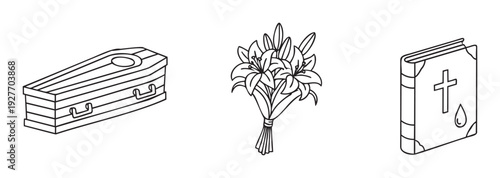 Bereavement and remembrance symbols featuring a wooden casket, a bouquet of white lilies, and a sacred book with a cross emblem, ideal for spiritual or commemorative projects.