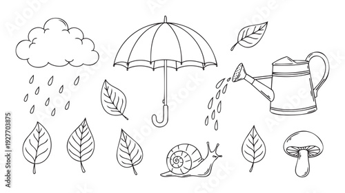 Simple outline drawings of natural autumn elements including rain cloud, umbrella, watering can, various leaves, a snail, and a mushroom perfect for childrens educational content or