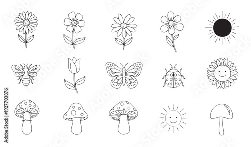 Collection of hand drawn nature elements including flowers, insects, mushrooms, and sun outlines perfect for childrens books, school projects, or decorating nursery walls.