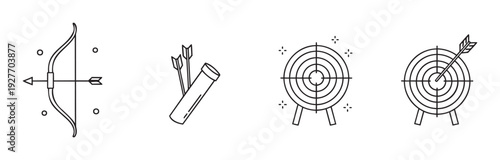 Collection of archery sport equipment icons showcasing bow, arrow, quiver, and target with bullseye, ideal for sports applications, gaming, or educational resources emphasizing precision