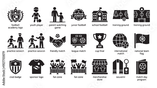 Comprehensive collection of football and soccer related black and white glyph icons representing academy, players, matches, fan culture, and merchandise for sports event promotion and