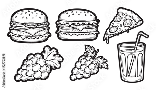 A graphic collection of fast food and fresh fruit items featuring hamburgers, pizza slice, grapes, and a refreshing beverage ideal for menus or promotional materials.
