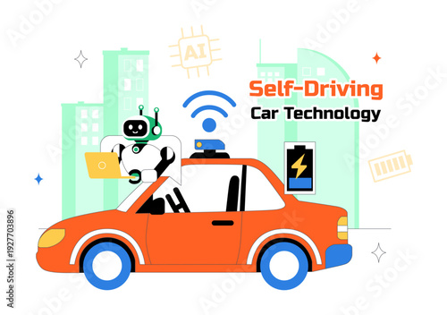Self Driving Car Technology Vector Illustration Featuring Smart Autonomous Vehicle System And Digital Navigation In a Flat Style Background