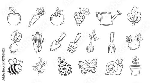Collection of hand drawn gardening and nature elements including fruits, vegetables, tools, and insects for various agricultural and ecological education projects