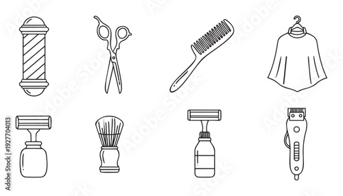 Essential barbershop tools and grooming products presented as line icons for hair styling services and personal care industry promotions