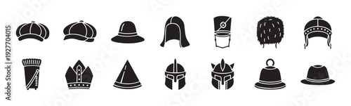 Diverse collection of headwear icons representing various styles and historical periods perfect for graphic design projects, educational materials, or apparel related themes