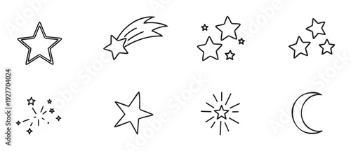 Various celestial starry and lunar symbols, perfect for adding a touch of magic and wonder to childrens books, stationery, or decorative projects.