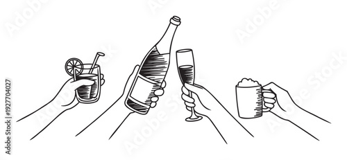 Dynamic line drawing featuring diverse hands holding celebratory drinks including a fresh cocktail, a sparkling champagne bottle, a refined flute glass, and a frothy mug, perfect for social