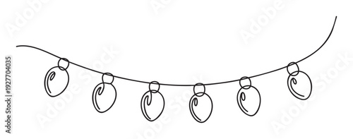 Simple continuous line drawing of hanging light bulbs on a string, perfect for festive holiday decoration, party invitations, or elegant event styling projects.