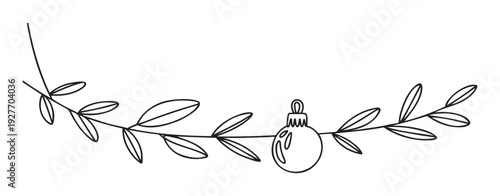 Minimalist outline drawing of a natural branch with simple leaves and a single Christmas bauble, perfect for creating elegant holiday designs and seasonal greeting projects.
