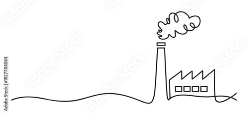 Continuous line drawing of an industrial factory with a tall smoking chimney representing production and environmental impact, suitable for business presentations and ecological projects.