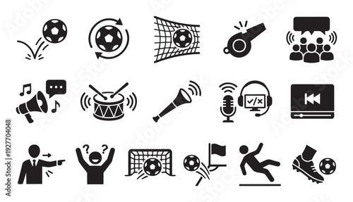 Collection of football and soccer related glyph icons representing game actions, referee decisions, fan cheering, and sports broadcasting for various digital media projects