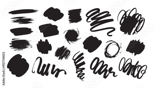 A versatile collection of black brush strokes and abstract ink shapes for various graphic projects, text highlights, frames, borders, overlays, and digital scrapbooking materials.