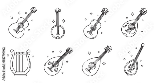Collection of outline graphic representations of stringed musical instruments including guitars, banjos, mandolins, and a lyre, suitable for music themed designs, educational materials, and