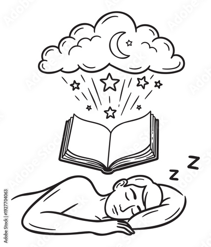 Serene sleeping person peacefully dreaming under a starry night sky cloud, with sparkling stars gently falling onto an open book, ideal for expressing ideas of restful slumber, imaginative