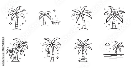 Collection of various minimalist tropical palm tree outline icons perfect for summer holiday travel promotions vacation brochures and beach resort branding