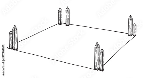 Handdrawn illustration of a square boundary marked with four pairs of wooden stakes, perfect for indicating property lines, construction zones, or outdoor event layouts.