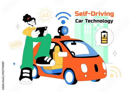 Self Driving Car Technology Vector Illustration Featuring Smart Autonomous Vehicle System And Digital Navigation In a Flat Style Background