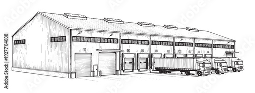 Large industrial warehouse building with multiple loading docks and semi trucks ready for freight distribution and shipping services for global logistics and storage operations