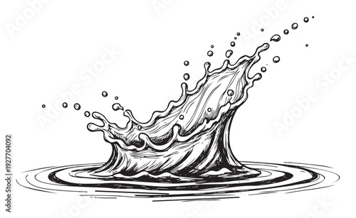 Energetic liquid splash with upward surge and scattering droplets creating dynamic ripples, ideal for refreshing beverage campaigns or aquatic themed branding materials