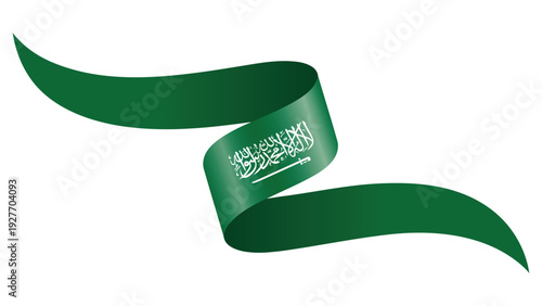 Saudi Arabia flag ribbon wave isolated on transparent background green flowing satin banner with Arabic inscription national symbol design