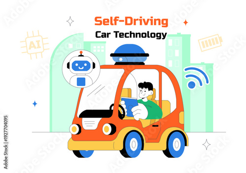 Self Driving Car Technology Vector Illustration Featuring Smart Autonomous Vehicle System And Digital Navigation In a Flat Style Background