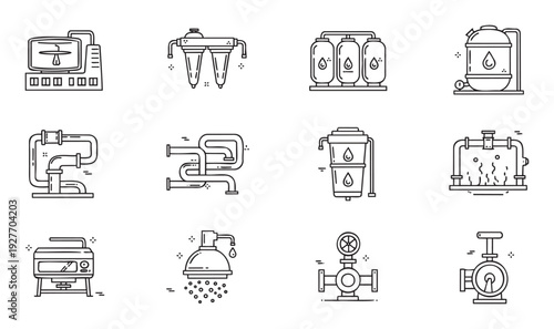 Industrial water treatment and plumbing systems outlined icons collection for engineering diagrams environmental projects and purification process schematics