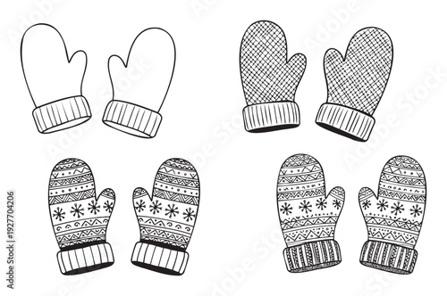 Collection of black and white line drawings featuring various knitted winter mittens with different patterns perfect for seasonal crafting projects or cozy holiday season graphics