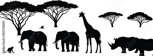 African safari animal silhouette vector collection, elephants giraffes rhinoceros monkeys and acacia trees, flavector wild nature landscape savanna scene set.