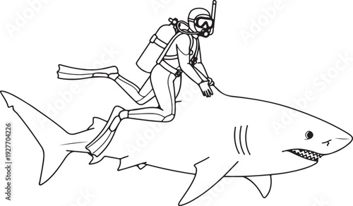 Humorous outline illustration of a scuba diver riding on a large shark.