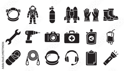 A comprehensive set of essential survival gear, exploration equipment, and emergency preparedness icons for diverse outdoor adventures, safety guidelines, and informational graphics.