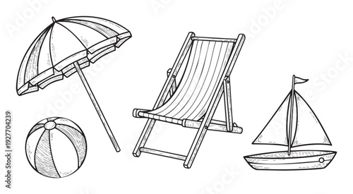 Black and white engraving style drawing of essential summer beach accessories including a sun umbrella, lounge chair, inflatable ball, and toy sailboat for holiday travel promotion.